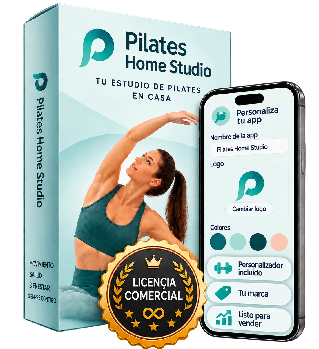 Caja del producto Pilates Home Studio con la aplicación en el celular